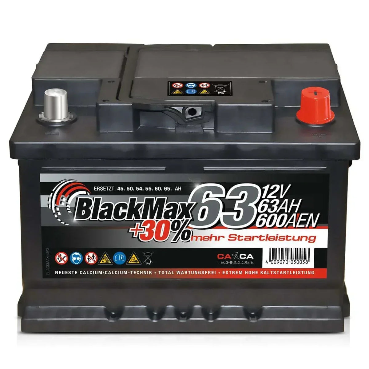 Autobatterie BlackMax 12V 63Ah Front