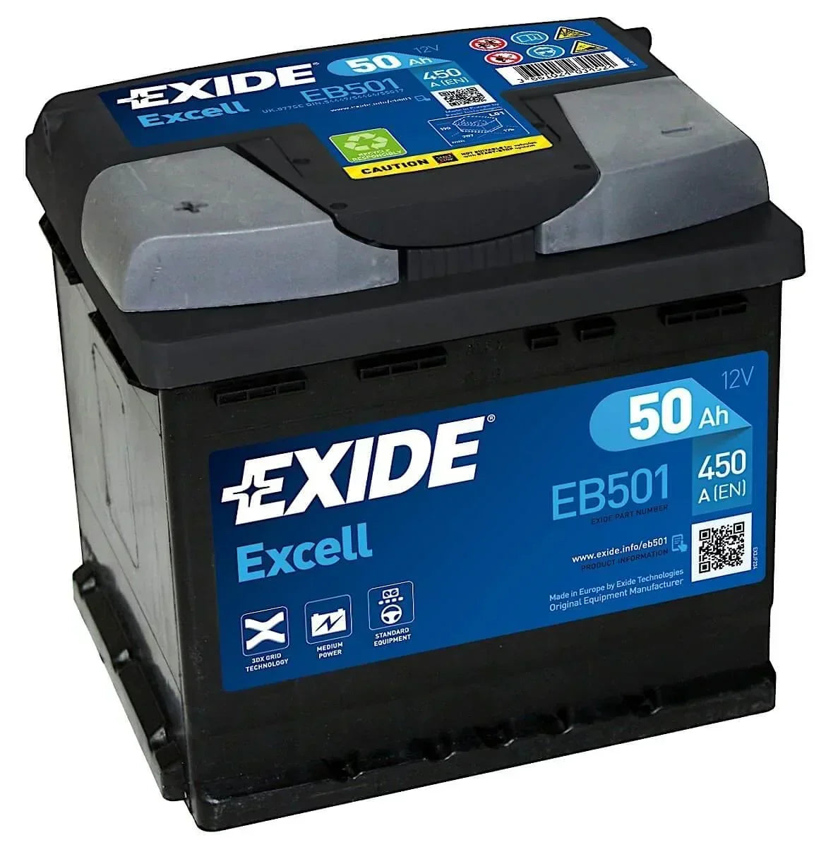 Autobatterie Exide Excell EB501 12V 50Ah Seite links