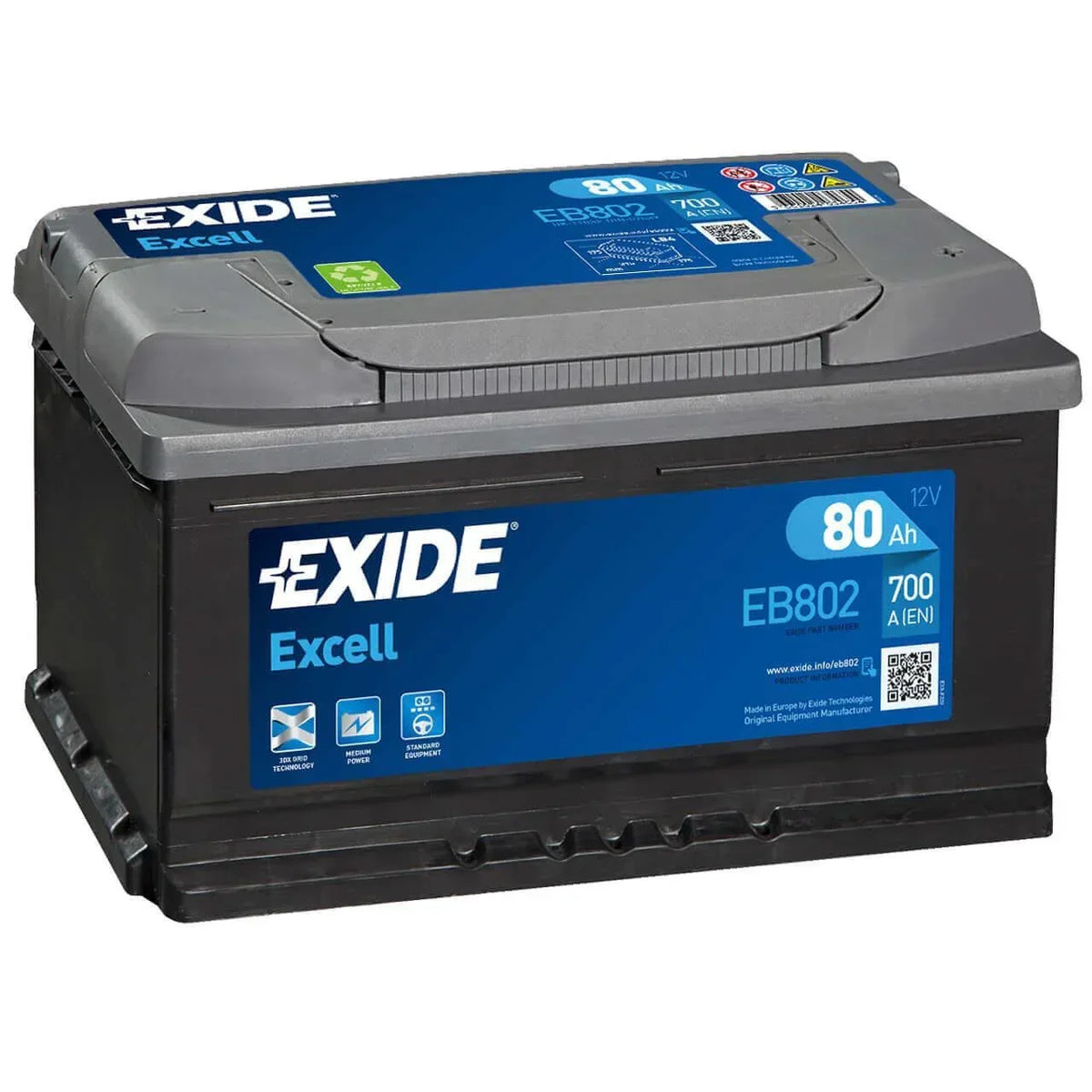 Autobatterie Exide Excell EB802 12V 80Ah Seite links