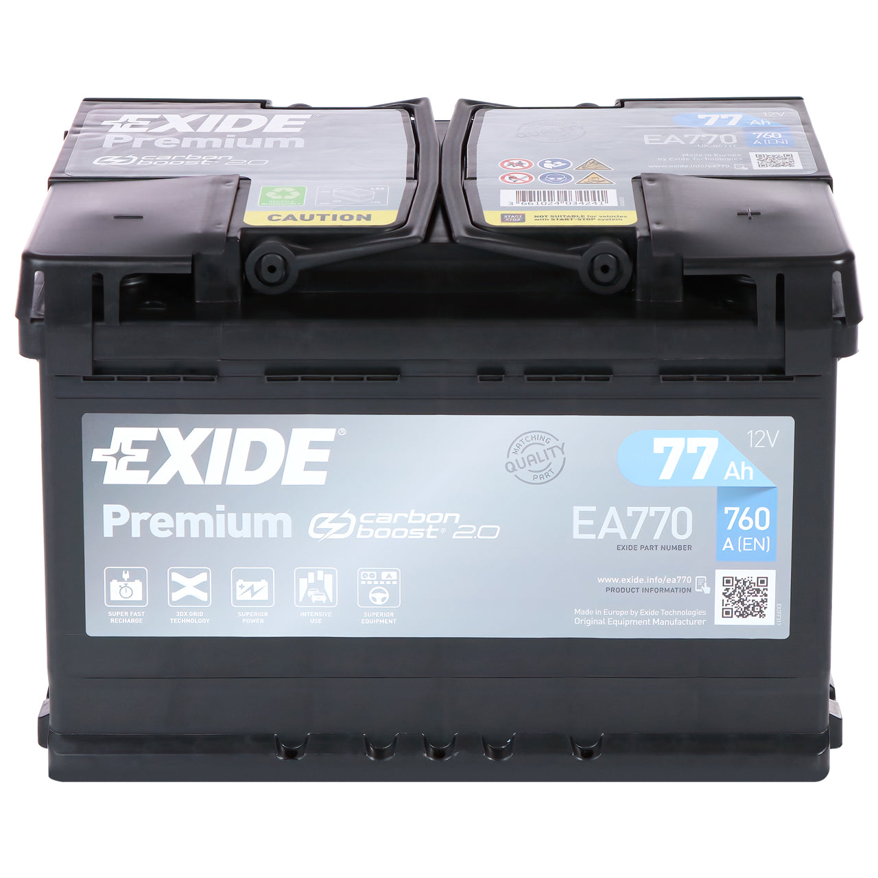 Exide lead acid, EA770 Premium Carbon Boost Autobatterie, Kompatibel mit  PKW, 12V 77Ah 760A, Schwarz, 278 x 175 x 190 mm