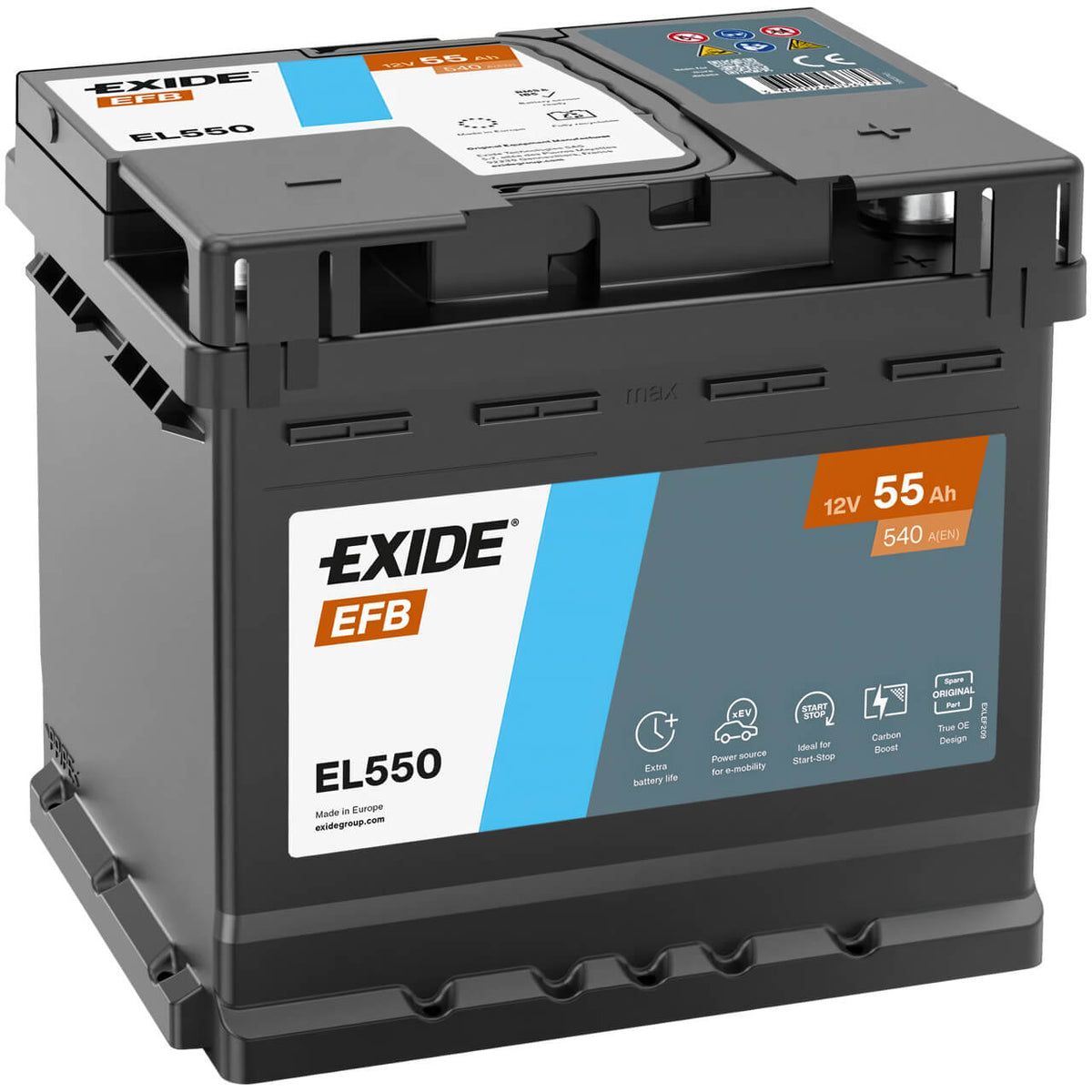 Autobatterie Exide Carbon Boost 2.0 EFB EL550 12V 55Ah Seite links