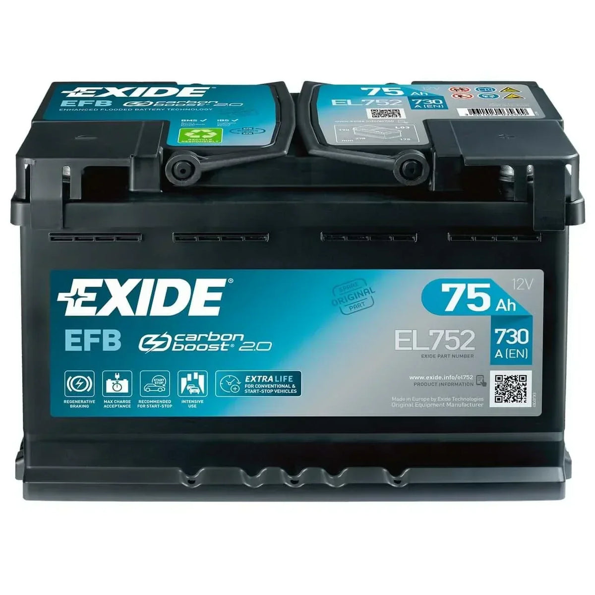 Autobatterie Exide Carbon Boost 2.0 EFB EL752 12V 75Ah Front