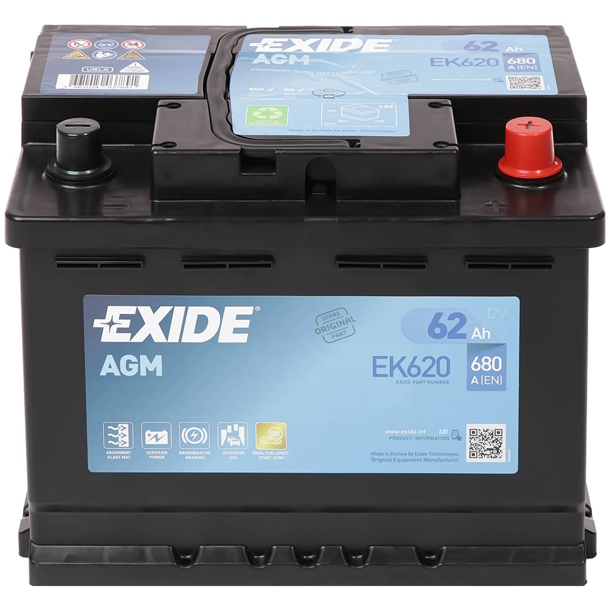 Exide Start-Stop EK620 AGM 12V 62Ah 680A/EN ersetzt Exide EK600 Autobatterie