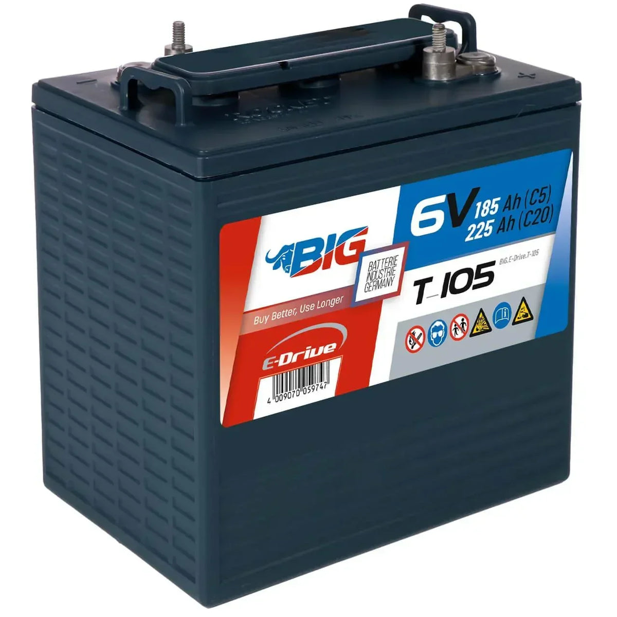 Traktionsbatterie für Reinigungsmaschinen Hebebuehnen Scherenlifte BIG E-Drive T-105 6V 225Ah Seite links
