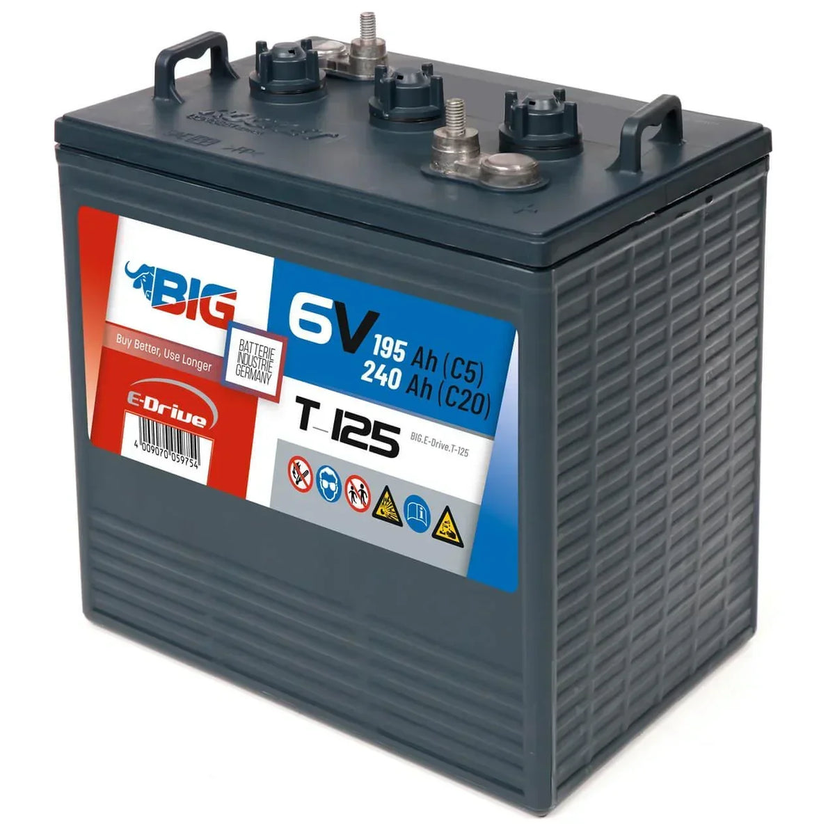 Traktionsbatterie für Reinigungsmaschinen Hebebuehnen Scherenlifte BIG E-Drive T-125 6V 240Ah Seite rechts