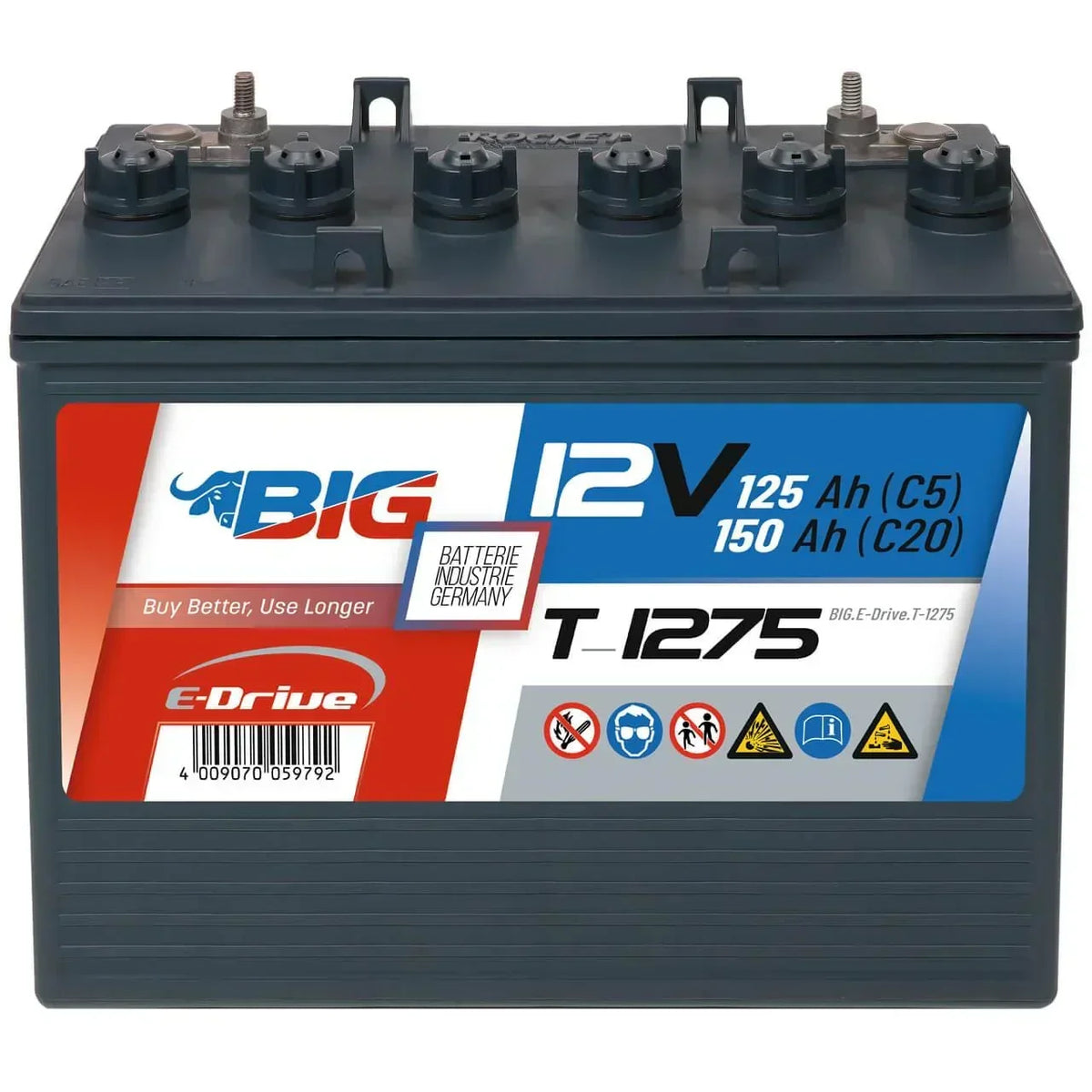 Traktionsbatterie für Reinigungsmaschinen Hebebuehnen Scherenlifte BIG E-Drive T-1275 12V 150Ah Front