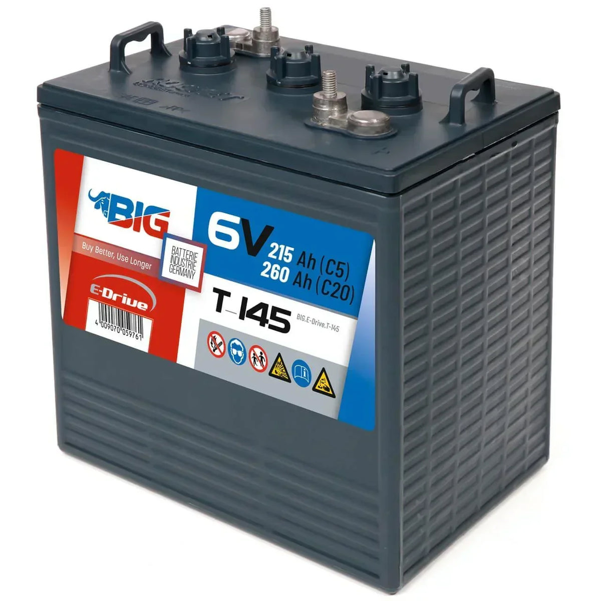 Traktionsbatterie für Reinigungsmaschinen Hebebuehnen Scherenlifte BIG E-Drive T-145 6V 260Ah Seite rechts