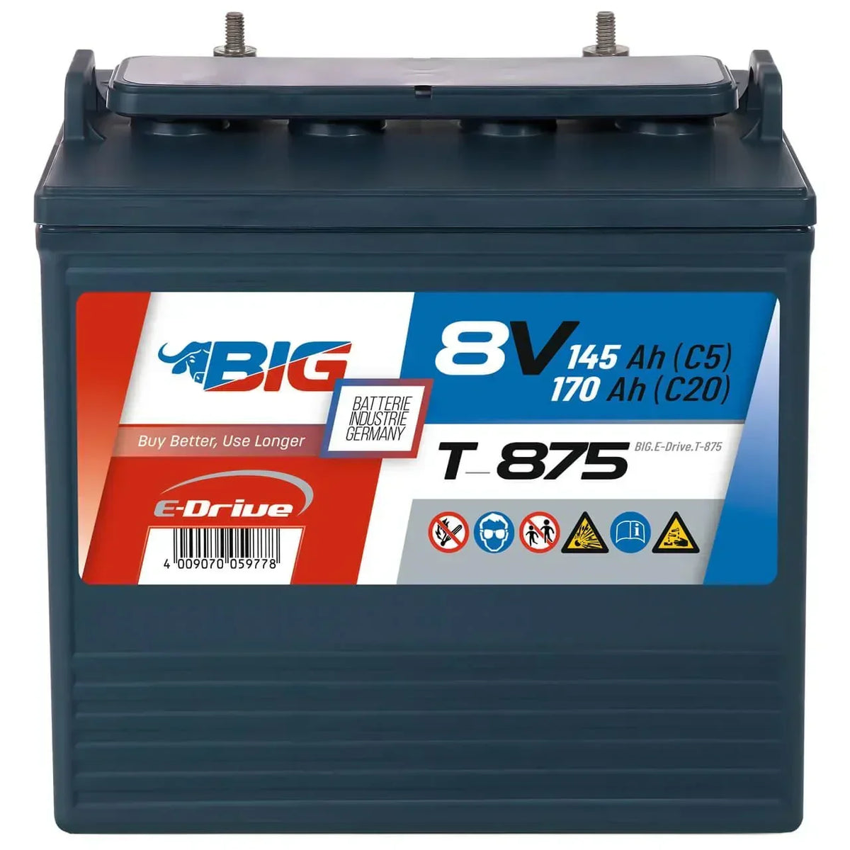 Traktionsbatterie für Reinigungsmaschinen Hebebuehnen Scherenlifte BIG E-Drive T-875 8V 170Ah Front