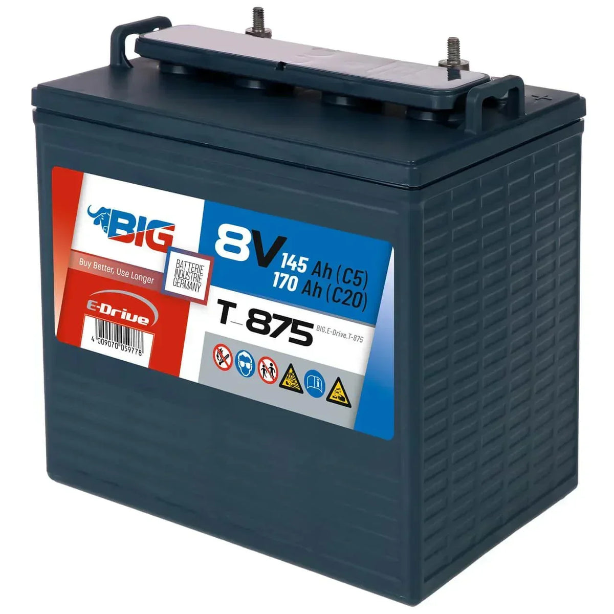 Traktionsbatterie für Reinigungsmaschinen Hebebuehnen Scherenlifte BIG E-Drive T-875 8V 170Ah Seite rechts