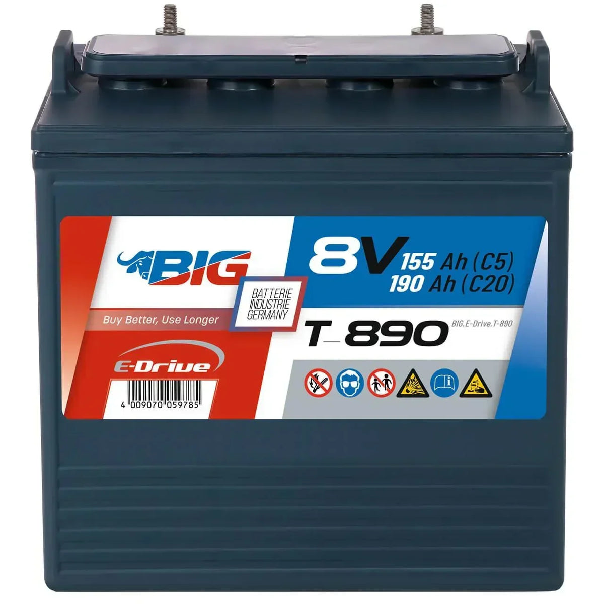 Traktionsbatterie für Reinigungsmaschinen Hebebuehnen Scherenlifte BIG E-Drive T-890 8V 190Ah Front