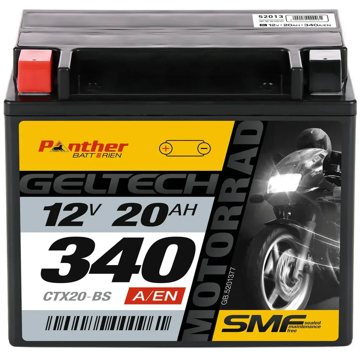Motorradbatterie Panther GEL CTX20-BS 52013 12V 20Ah Front