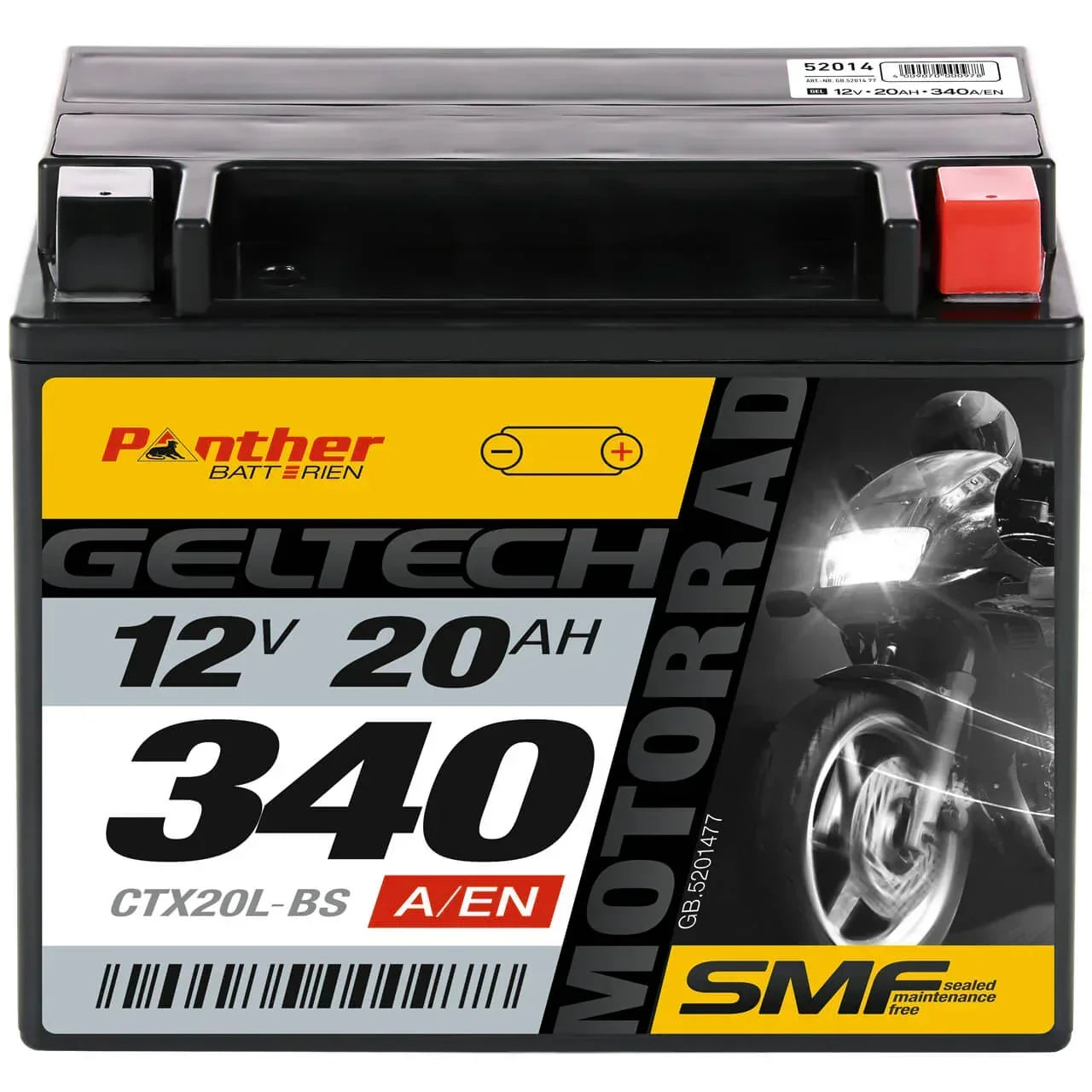 Motorradbatterie Panther GEL CTX20L-BS 52014 12V 20Ah Front