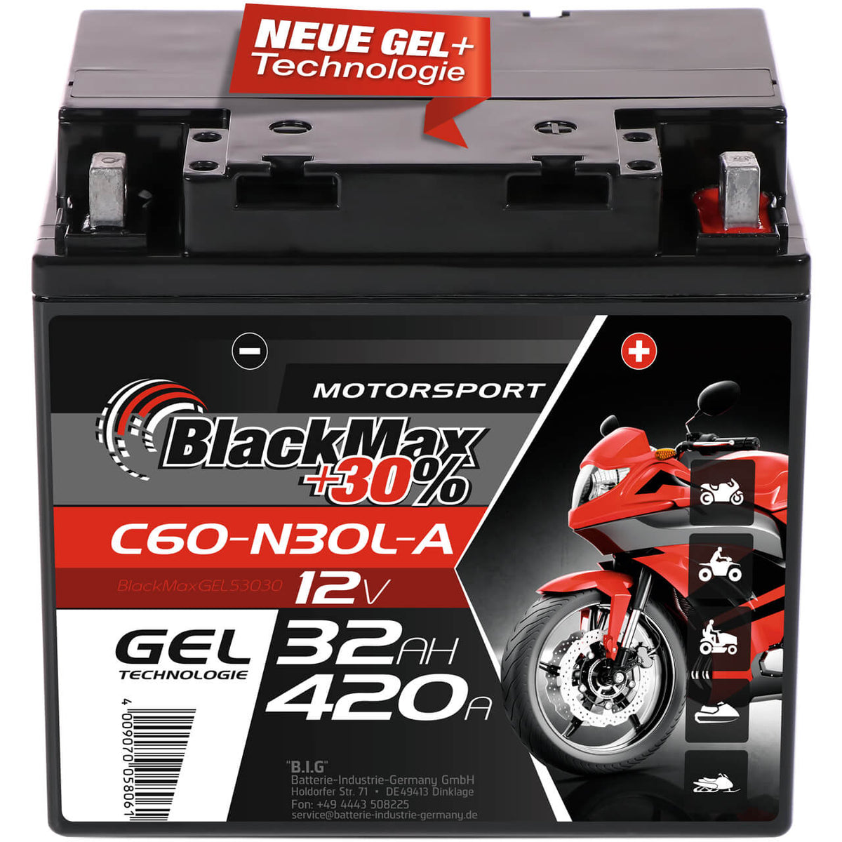 Motorradbatterie BlackMax Motorsport GEL 53030 12V 30Ah Front