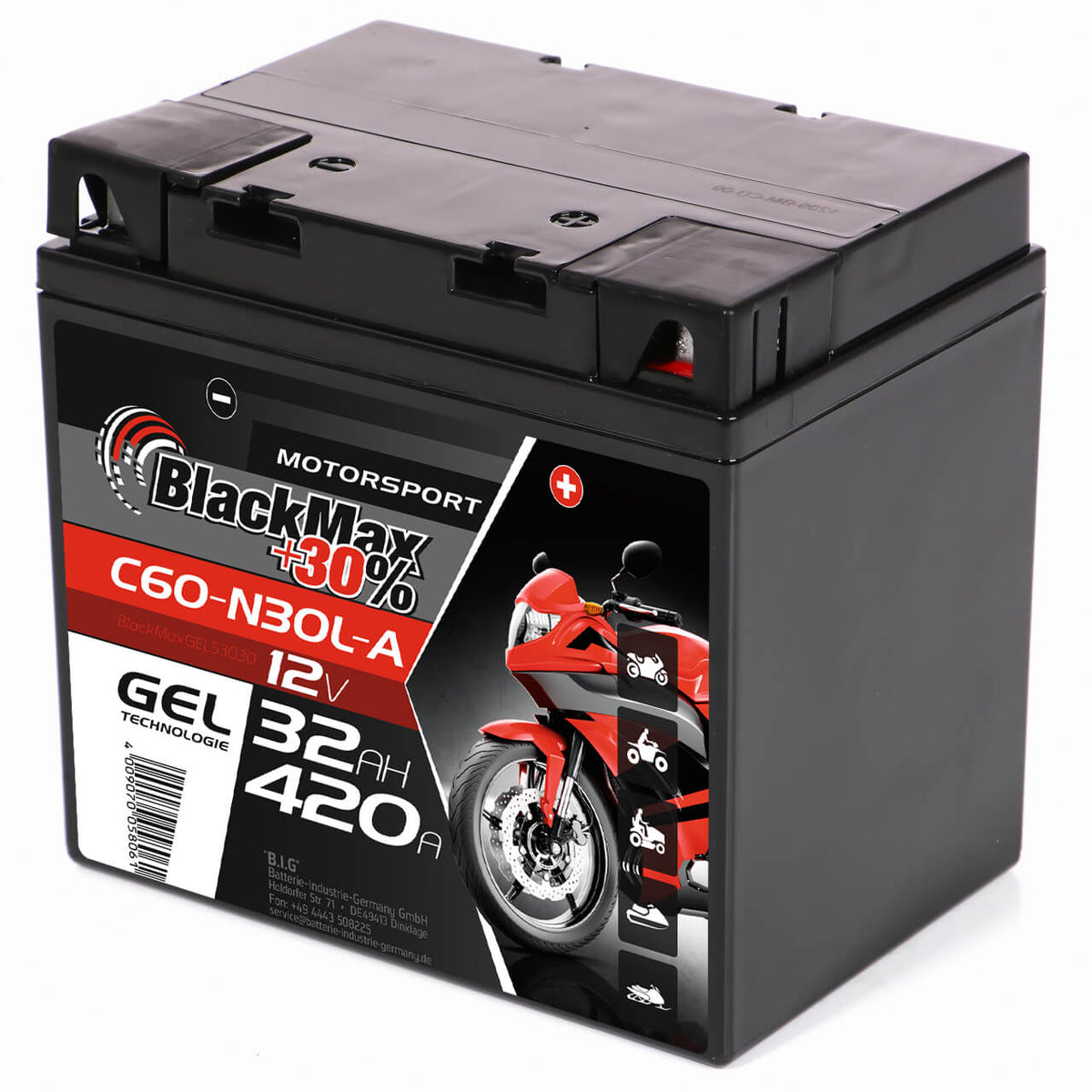 Motorradbatterie BlackMax Motorsport GEL 53030 12V 30Ah Seite rechts