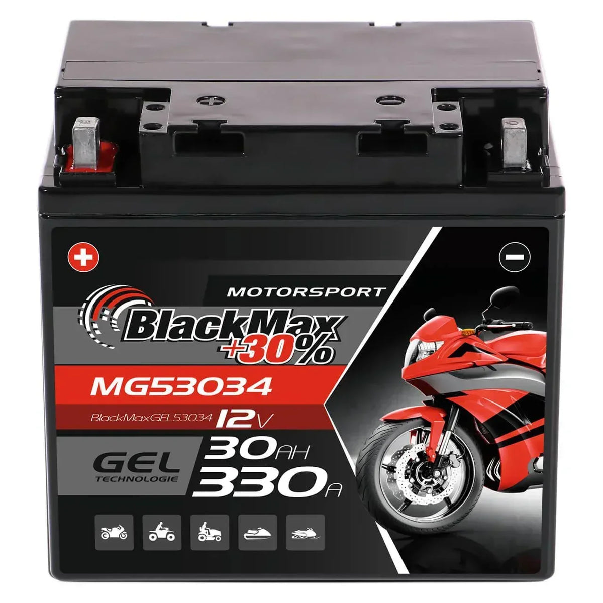 Motorradbatterie BlackMax Motorsport GEL 53034 12V 30Ah Front