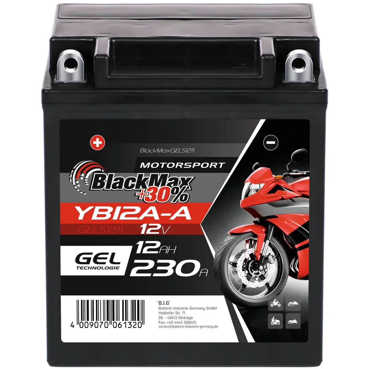 BlackMax +30% Motorsport YB12A-A 51211 GEL 12V 12Ah 230A/EN Motorradbatterie