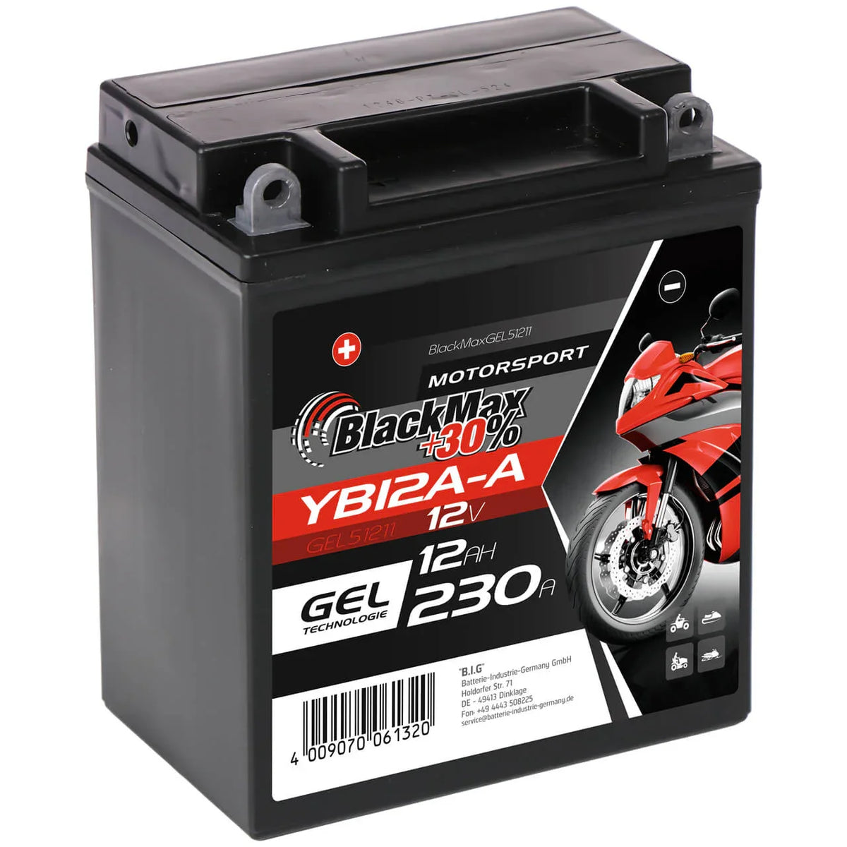 BlackMax +30% Motorsport YB12A-A 51211 GEL 12V 12Ah 230A/EN Motorradbatterie