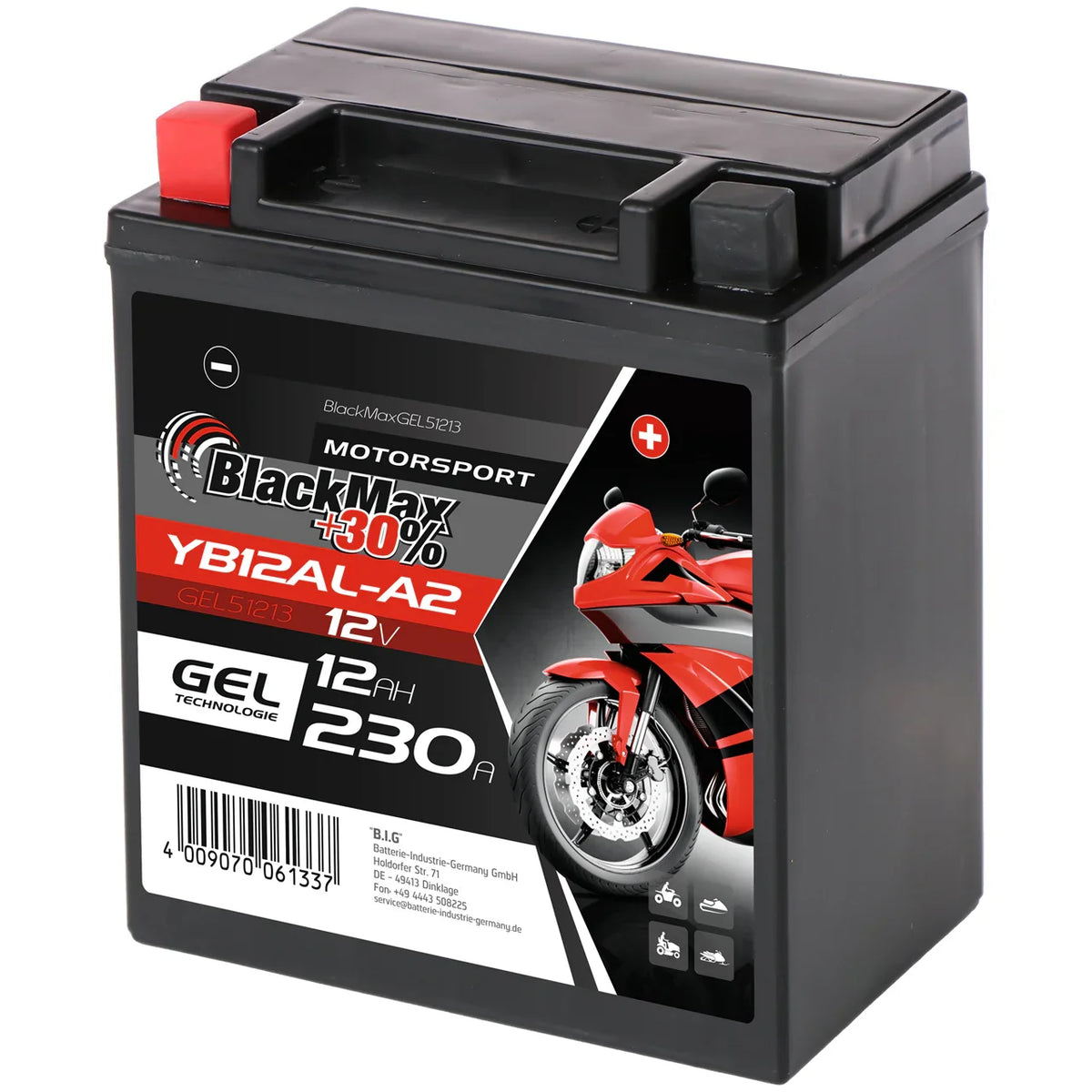 BlackMax +30% Motorsport YB12AL-A2 51213 GEL 12V 12Ah 230A/EN Motorradbatterie