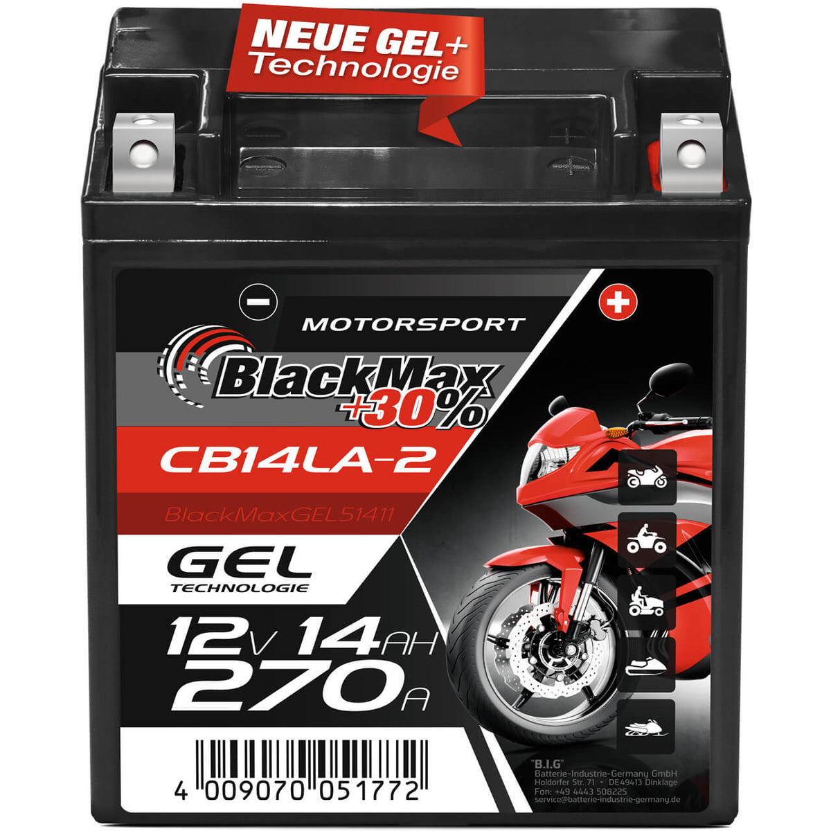 Motorradbatterie BlackMax Motorsport GEL YB14LA-2 51411 12V 14Ah Front