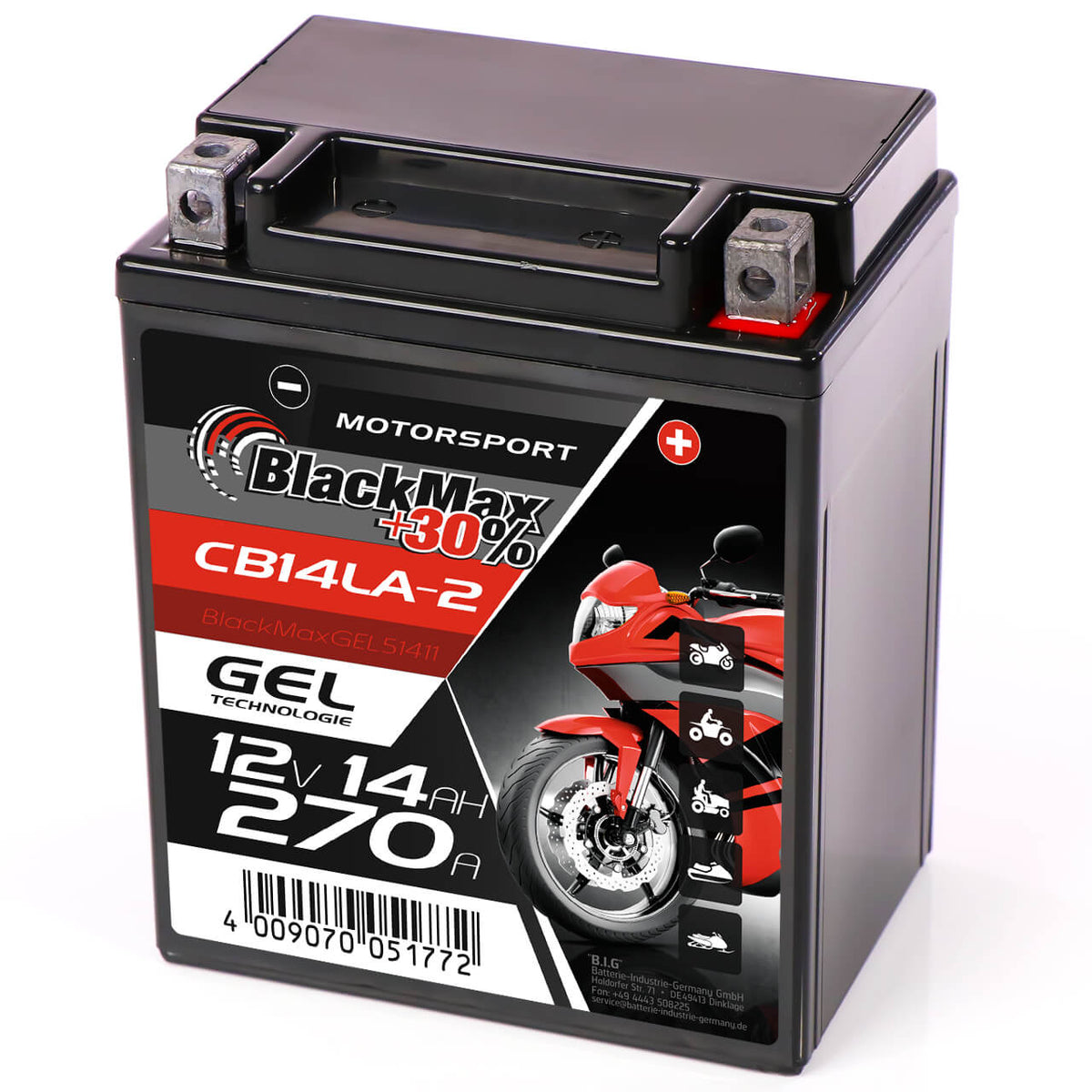 Motorradbatterie BlackMax Motorsport GEL YB14LA-2 51411 12V 14Ah Seite rechts