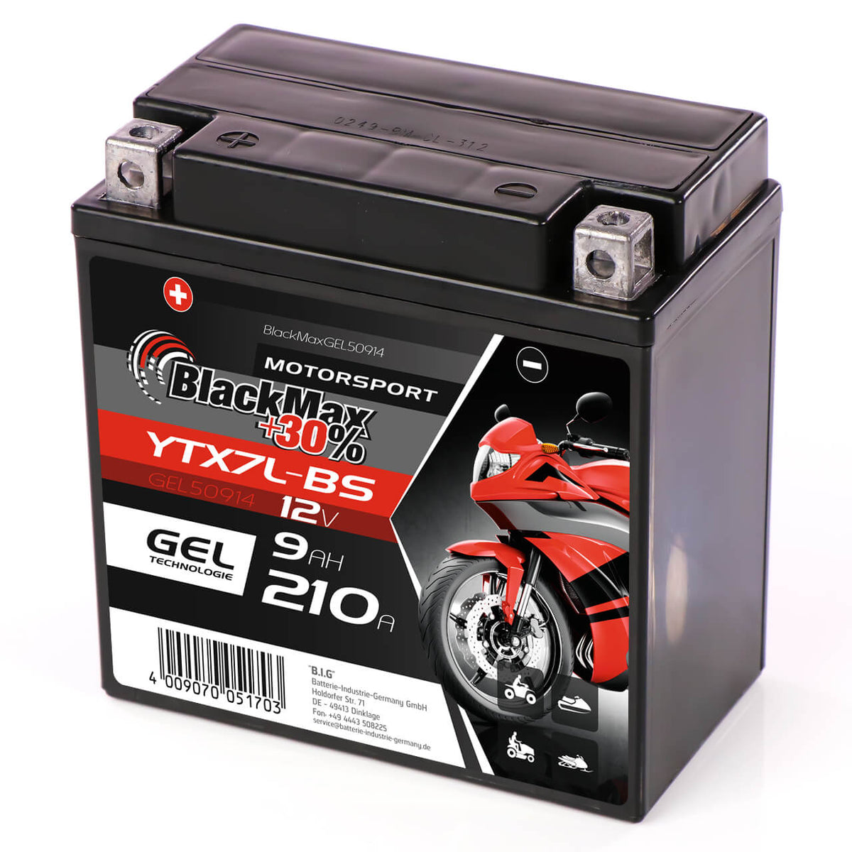 Motorradbatterie BlackMax Motorsport GEL YB9-B 50914 12V 9Ah Seite rechts