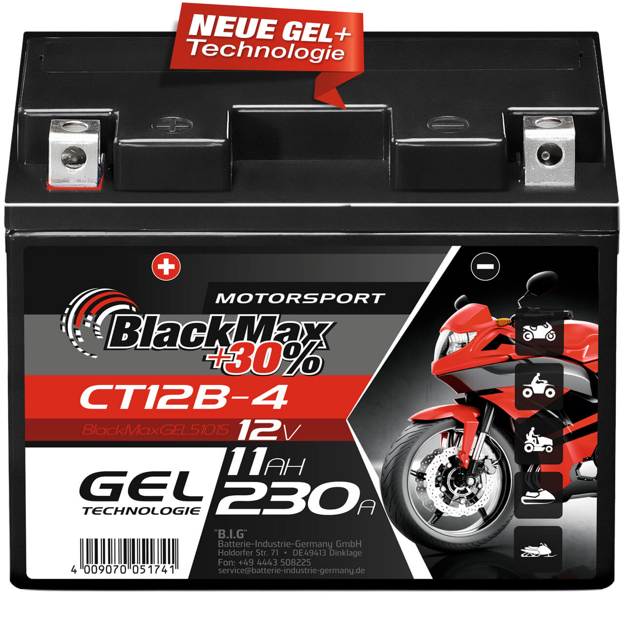 Motorradbatterie BlackMax Motorsport GEL YT12B-4 51015 12V 11Ah Front