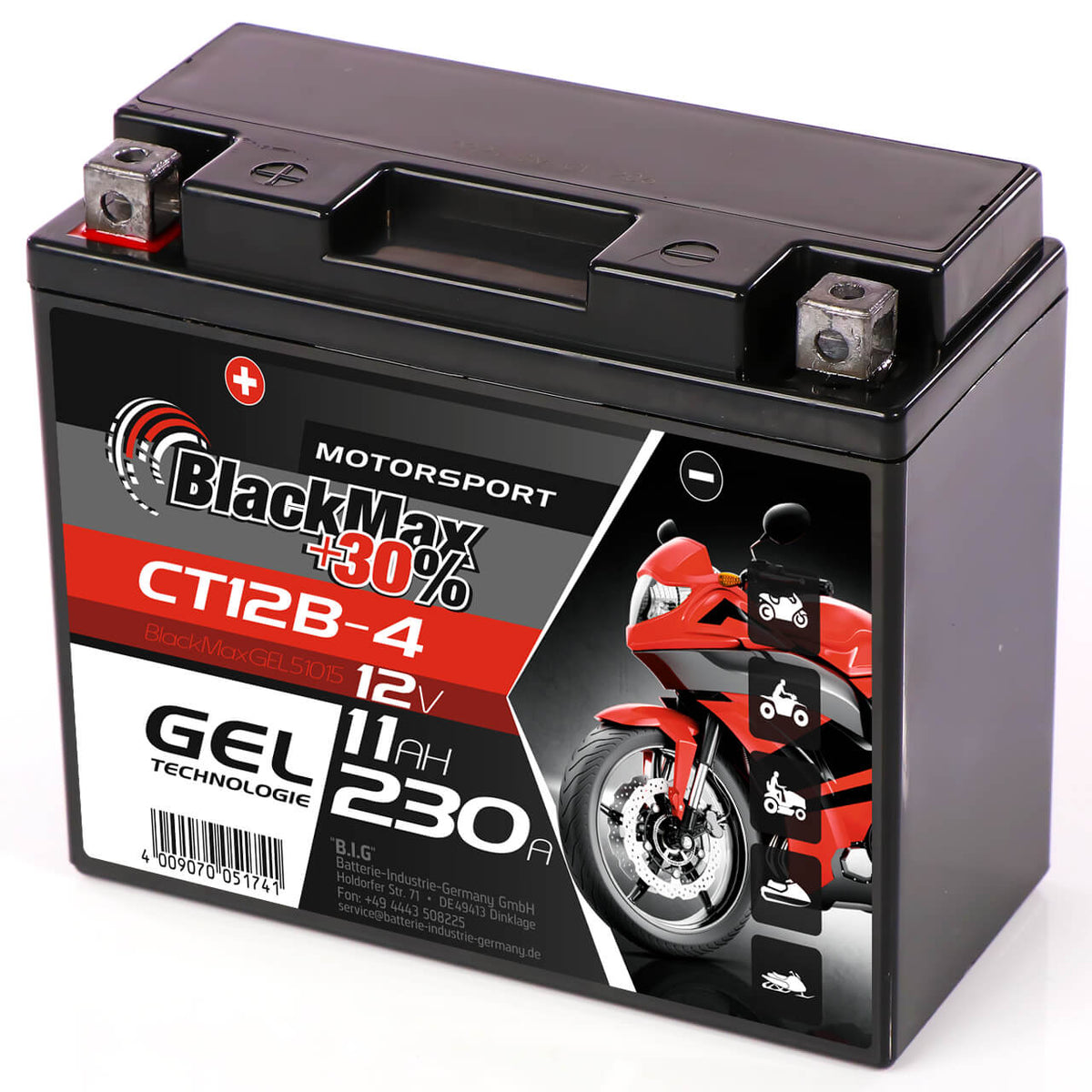 Motorradbatterie BlackMax Motorsport GEL YT12B-4 51015 12V 11Ah Seite rechts