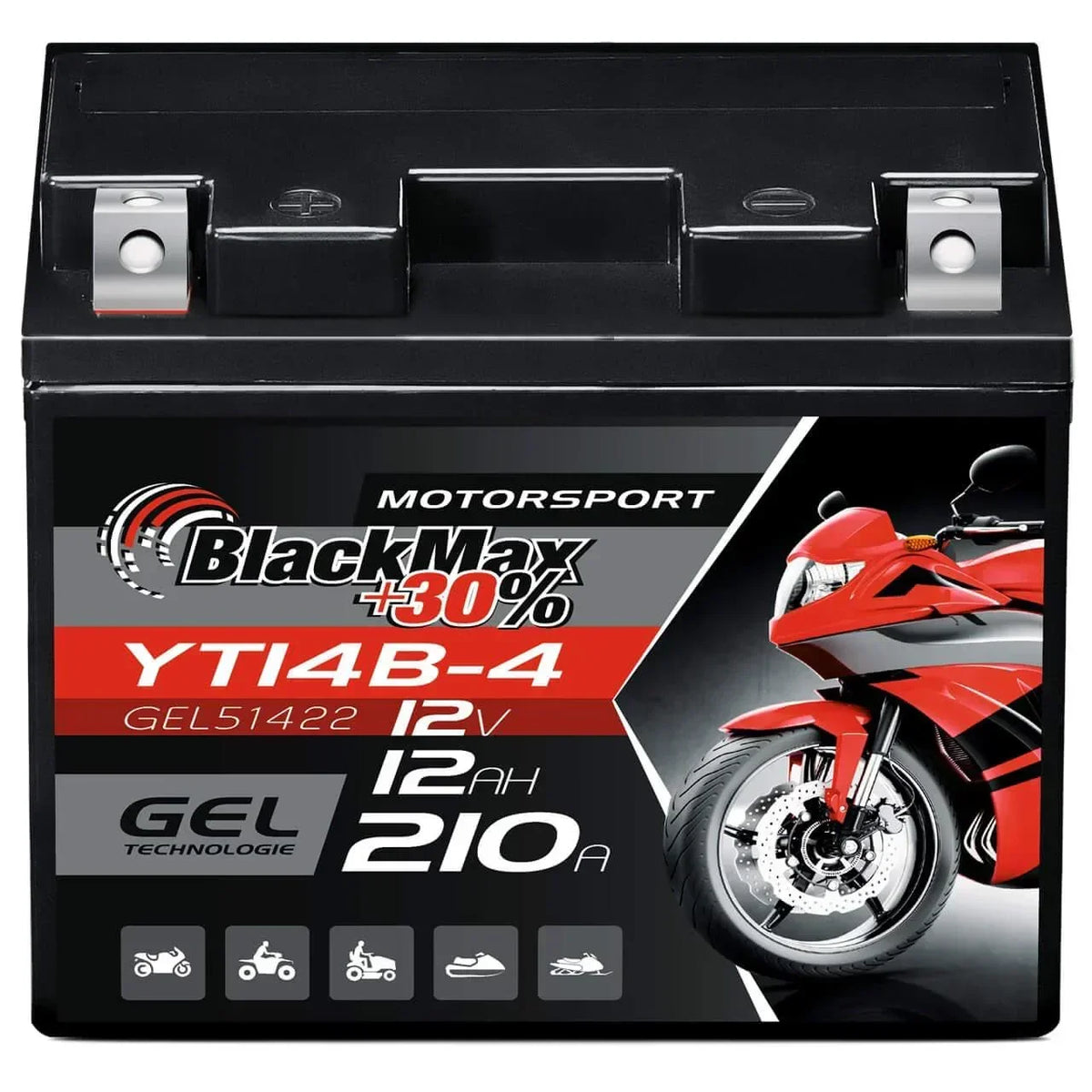 Motorradbatterie BlackMax Motorsport GEL YT14B-4 51422 12V 12Ah Front