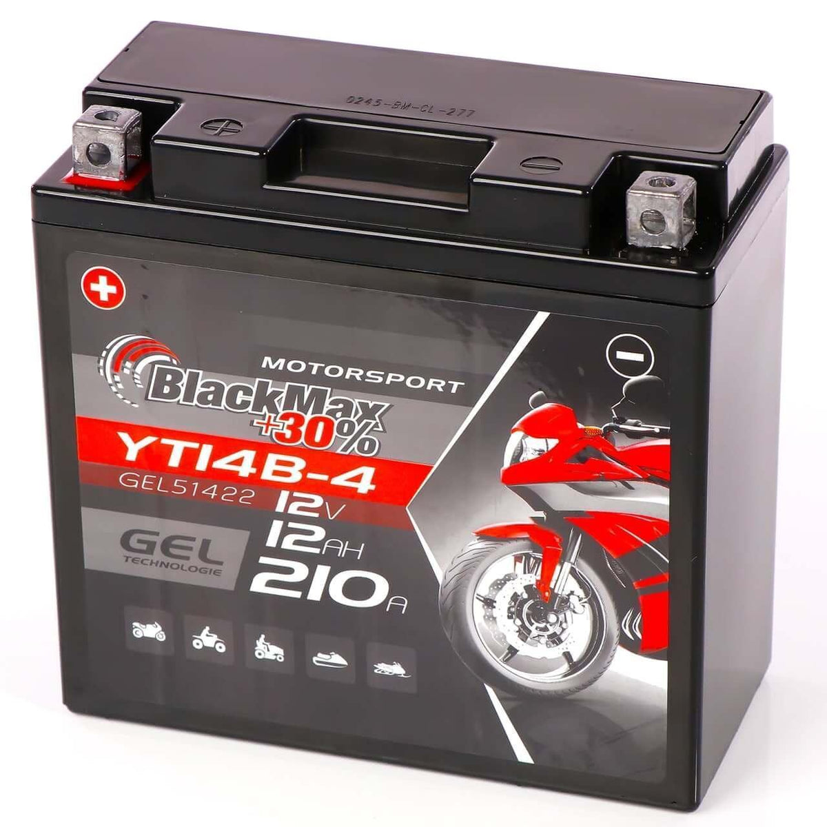 Motorradbatterie BlackMax Motorsport GEL YT14B-4 51422 12V 12Ah Seite rechts
