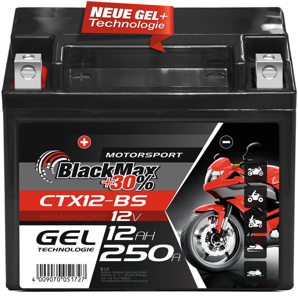 Motorradbatterie BlackMax Motorsport GEL YTX12-BS 51012 12V 12Ah Front