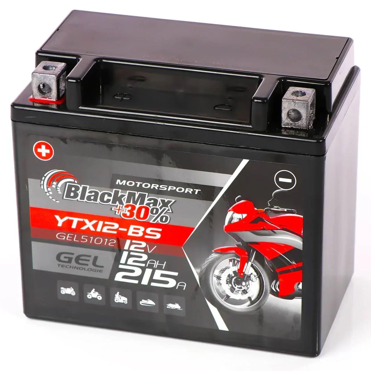 Motorradbatterie BlackMax Motorsport GEL YTX12-BS 51012 12V 12Ah Seite rechts