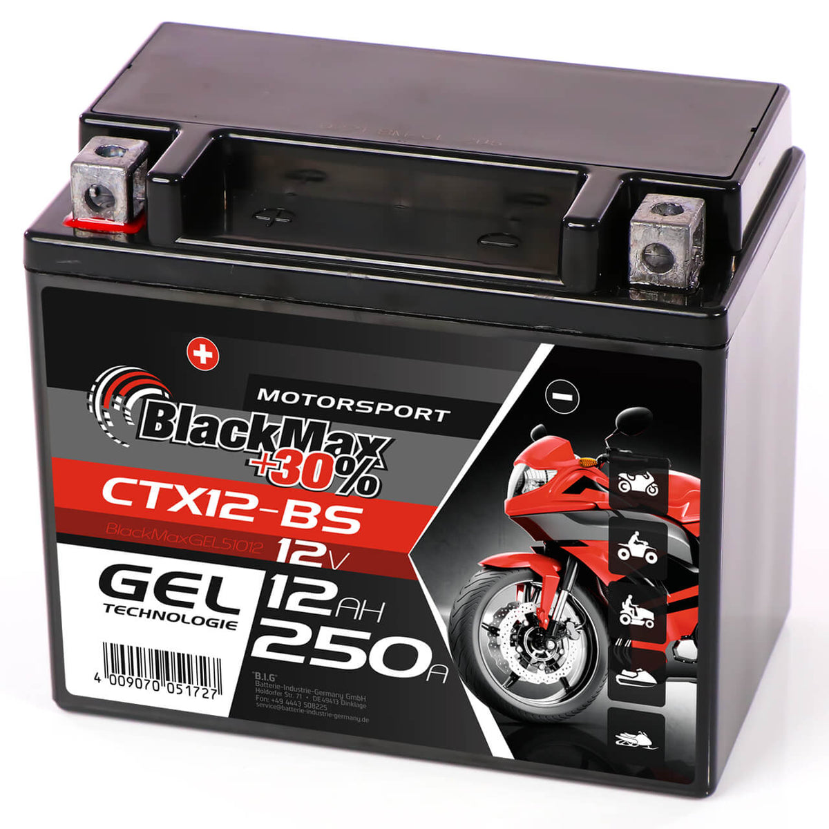Motorradbatterie BlackMax Motorsport GEL YTX12-BS 51012 12V 12Ah Seite rechts