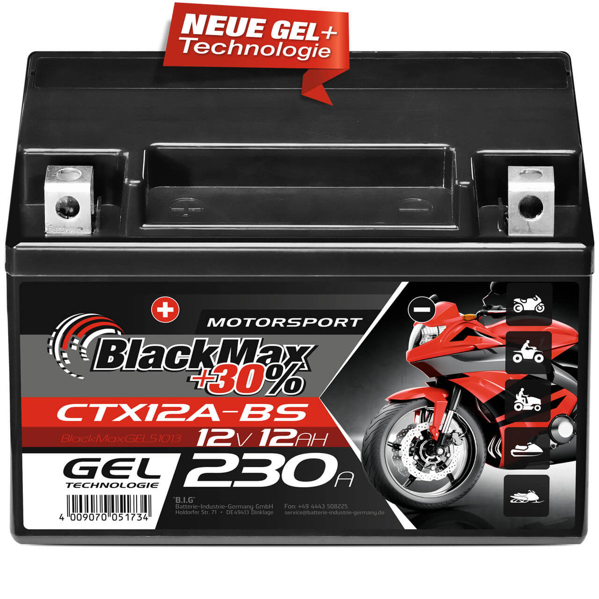 Motorradbatterie BlackMax Motorsport GEL YTX12A-BS 51013 12V 12Ah Front