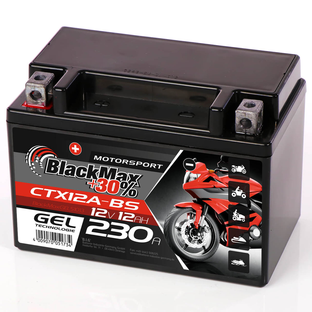 Motorradbatterie BlackMax Motorsport GEL YTX12A-BS 51013 12V 12Ah Seite rechts
