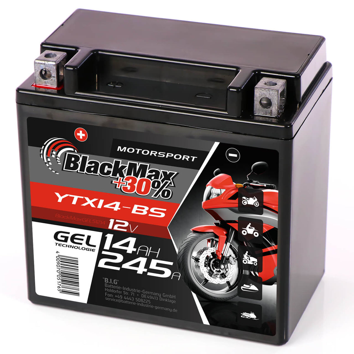 Motorradbatterie BlackMax Motorsport GEL YTX14-BS 51214 12V 14Ah Seite rechts
