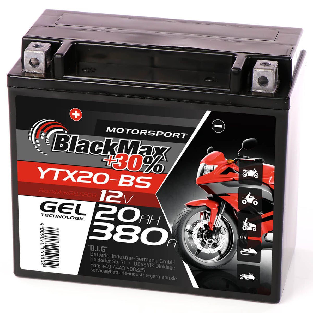 Motorradbatterie BlackMax Motorsport GEL YTX20-BS 52013 12V 20Ah Seite rechts