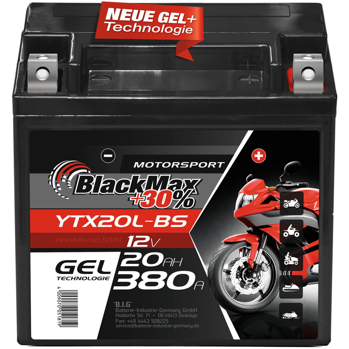 Motorradbatterie BlackMax Motorsport GEL YTX20L-BS 52014 12V 20Ah Front