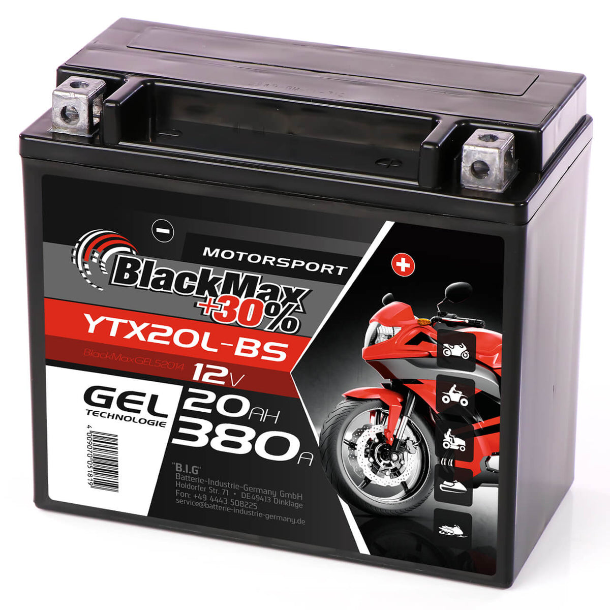 Motorradbatterie BlackMax Motorsport GEL YTX20L-BS 52014 12V 20Ah Seite rechts