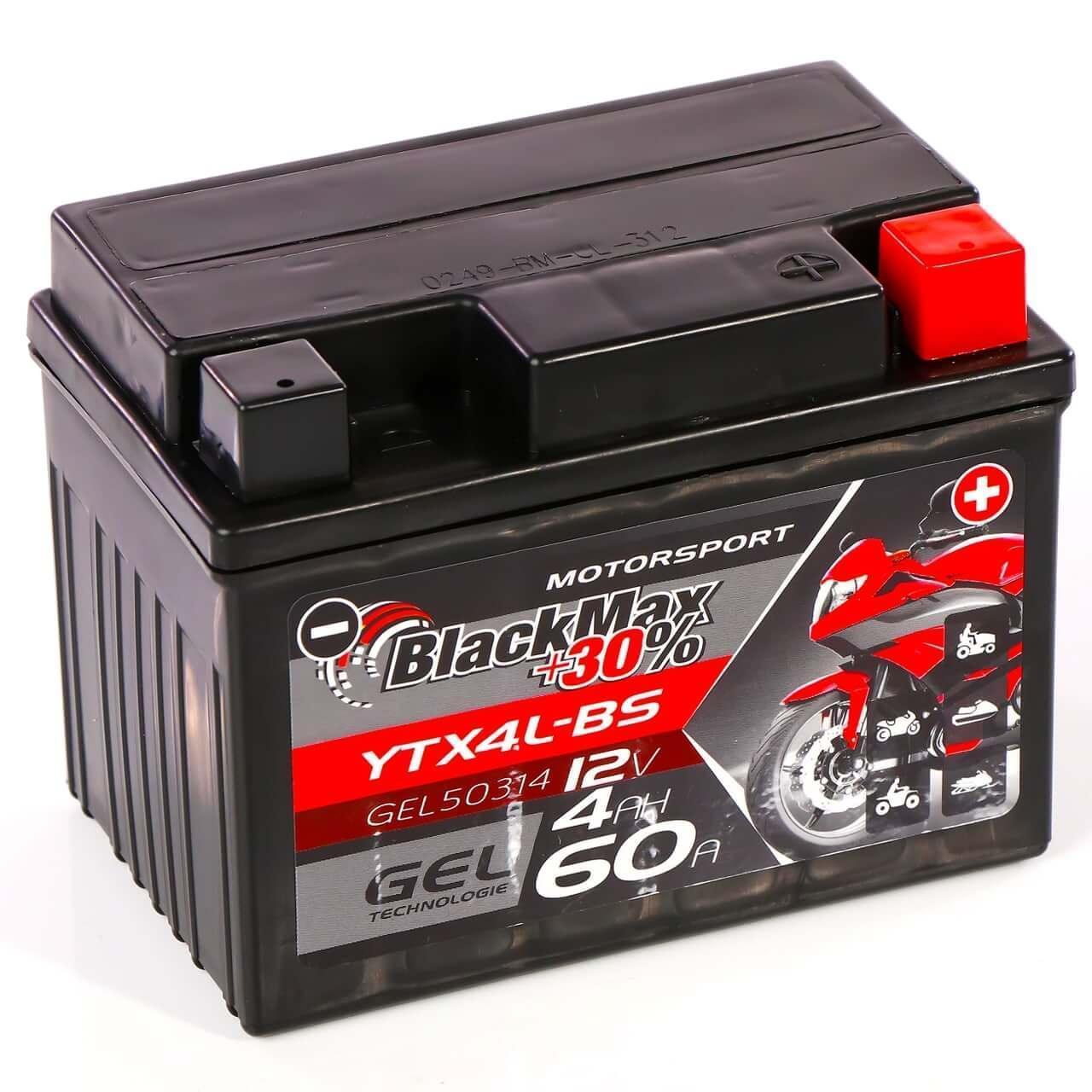Motorradbatterie BlackMax Motorsport GEL YTX4L-BS 50314 12V 4Ah Seite links