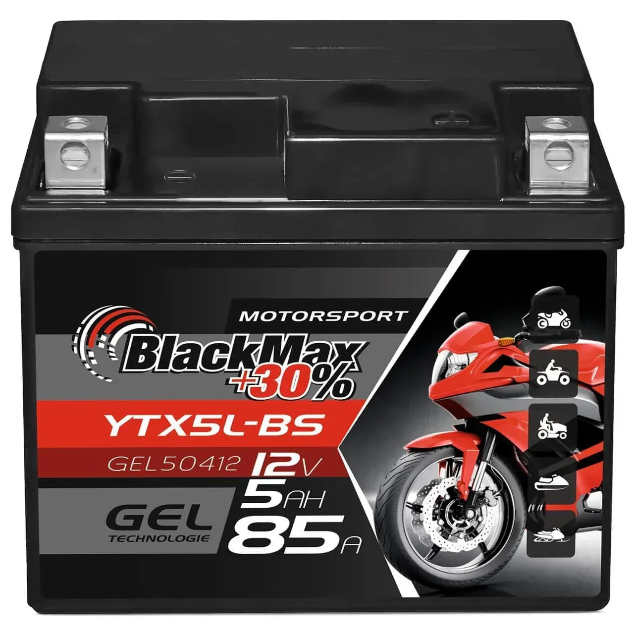Motorradbatterie BlackMax Motorsport GEL YTX5L-BS 50412 12V 5Ah Front