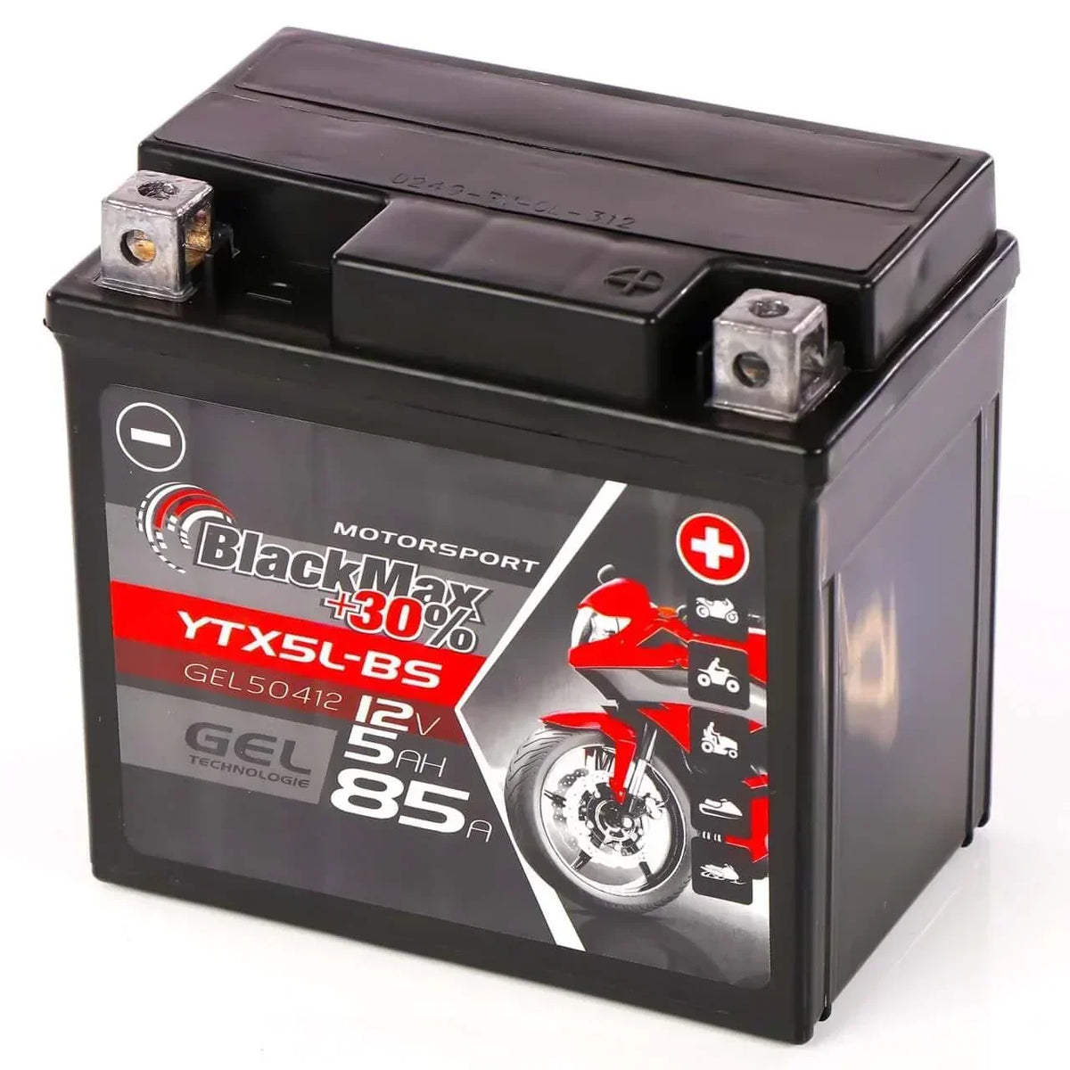 Motorradbatterie BlackMax Motorsport GEL YTX5L-BS 50412 12V 5Ah Seite rechts