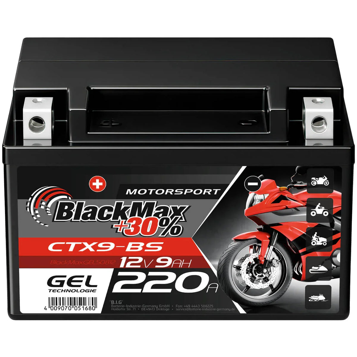 Motorradbatterie BlackMax Motorsport GEL YTX9-BS 50812 12V 9Ah Front