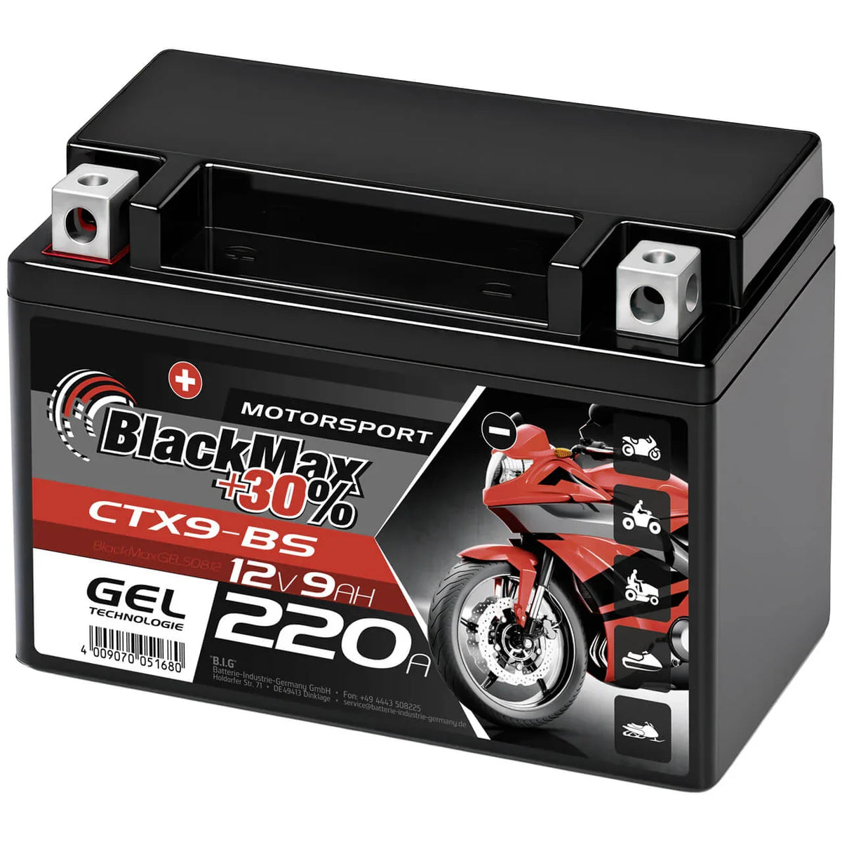 Motorradbatterie BlackMax Motorsport GEL YTX9-BS 50812 12V 9Ah Seite rechts