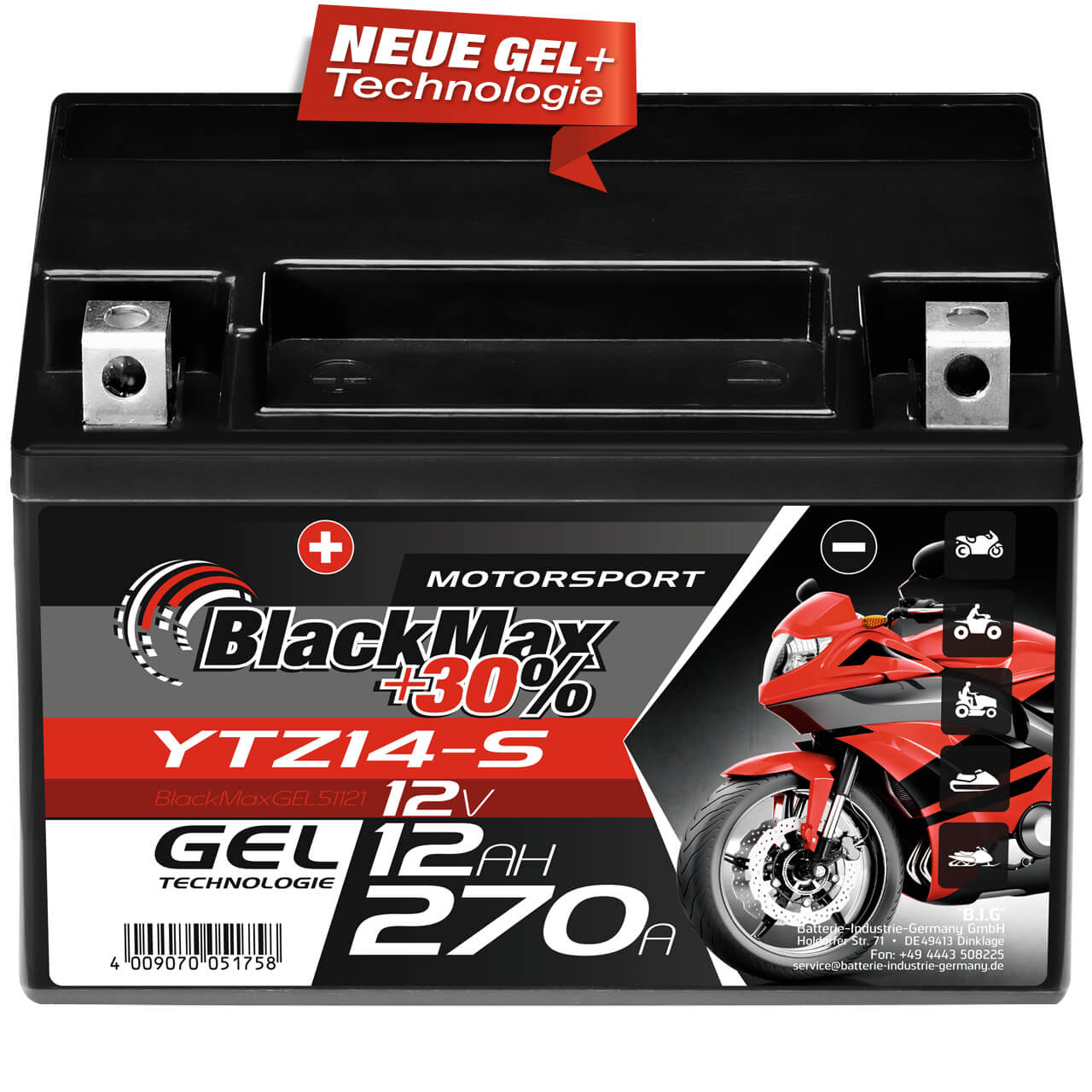 Motorradbatterie BlackMax Motorsport GEL YTZ14S 51121 12V 12Ah Front