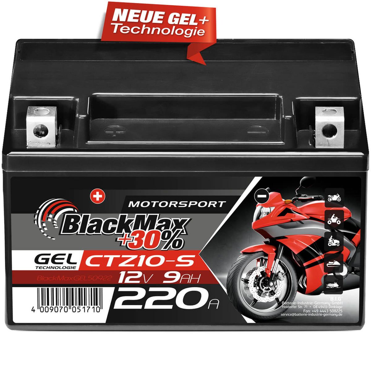 Motorradbatterie BlackMax Motorsport GEL YTZ10S 50922 12V 9Ah Front