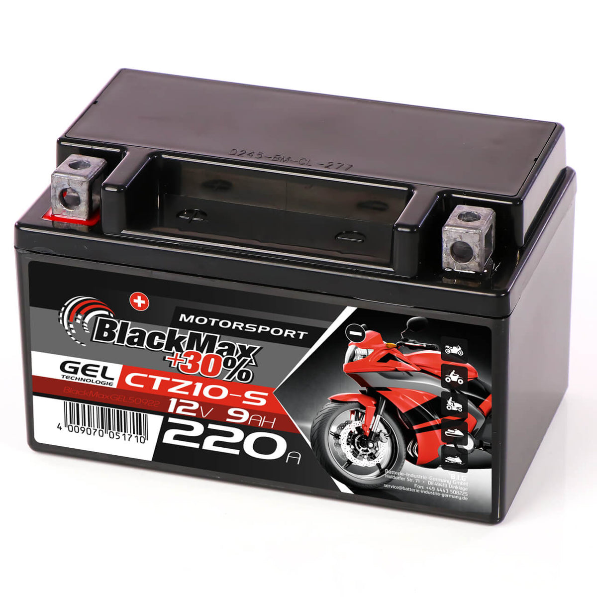 Motorradbatterie BlackMax Motorsport GEL YTZ10S 50922 12V 9Ah Seite rechts