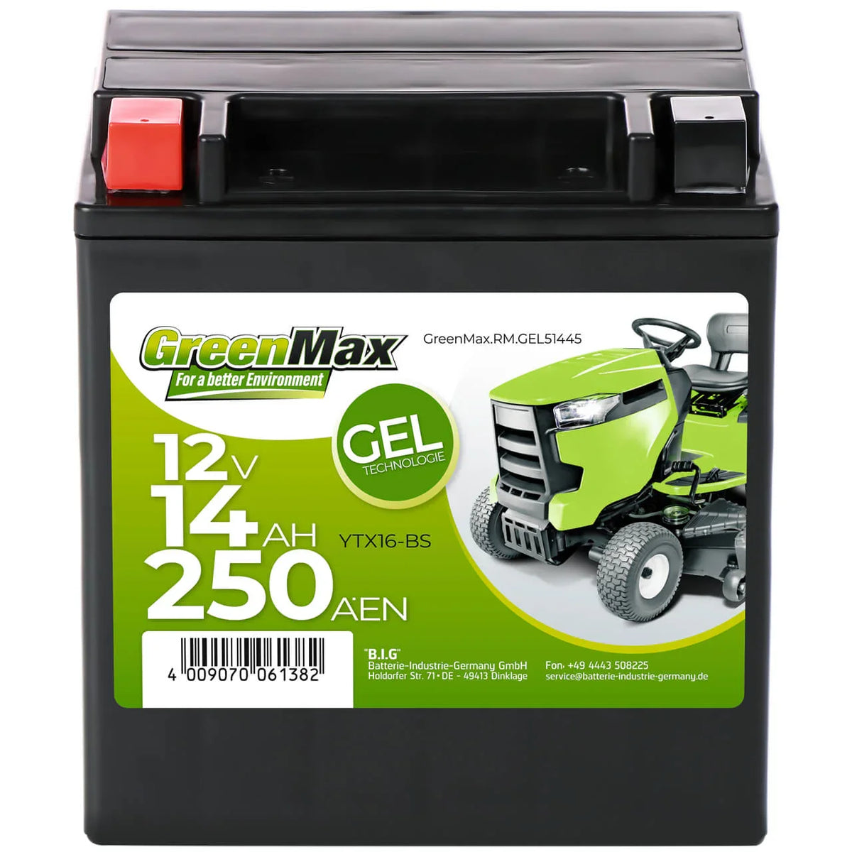 GreenMax GEL 51445 YTX16-BS 12V 14Ah 250A/EN Rasentraktor Batterie