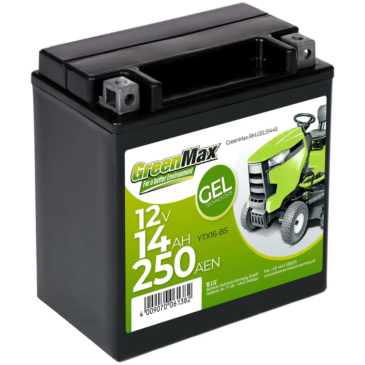 GreenMax GEL 51445 YTX16-BS 12V 14Ah 250A/EN Rasentraktor Batterie