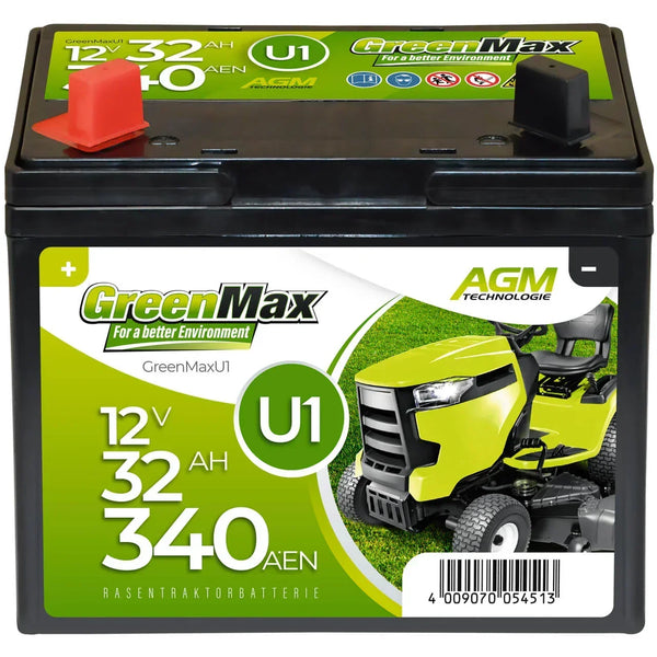 GreenMax U1 AGM 12V 32Ah 340A/EN Rasentraktor Batterie | ersetzt 30Ah
