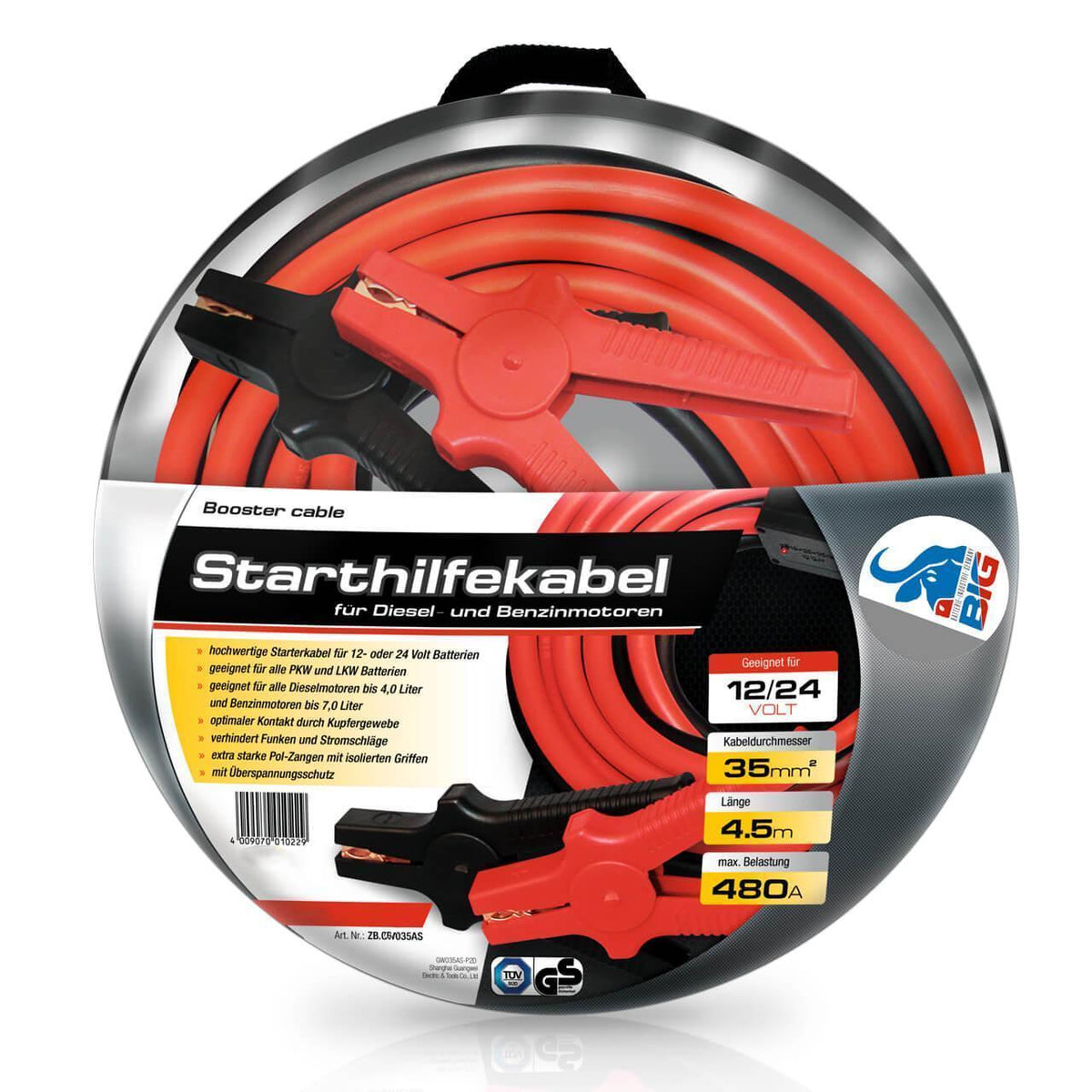 BIG Auto PKW Starthilfekabel Plus und Minus 4,5m lang 35mm² mit Tasche
